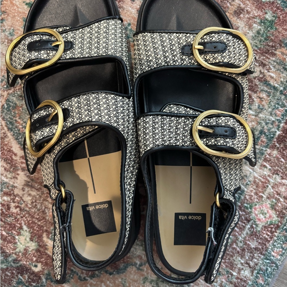 Dolce Vita Black and Cream Sandals with Gold Buckles